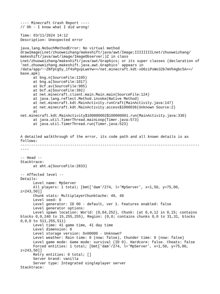 Minecraft Crash: NoSuchMethodError | PDF | Java (Programming Language ...
