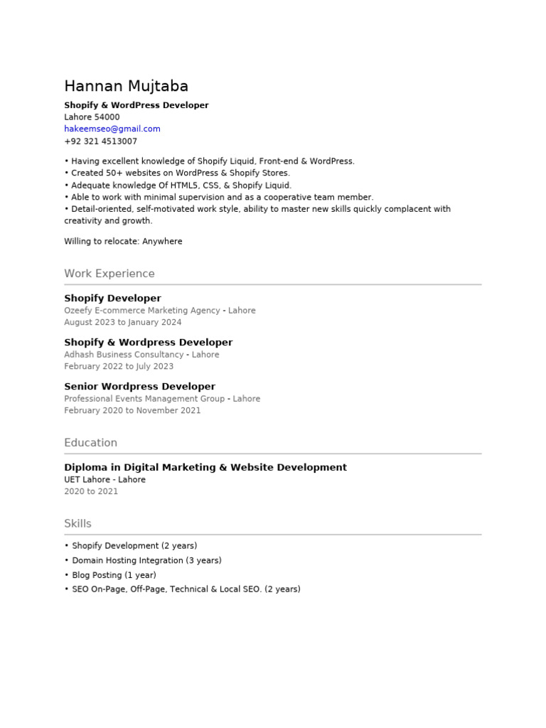 Shopify & WordPress Developer Resume | PDF | Career & Growth
