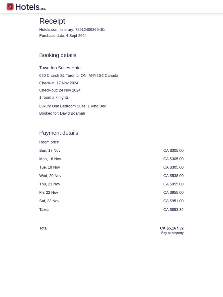 Hotels.com Receipt for Town Inn Suites | PDF