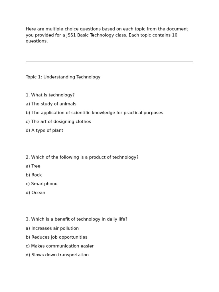 JSS1 Basic Technology Exam Questions | PDF | Drawing | Wood