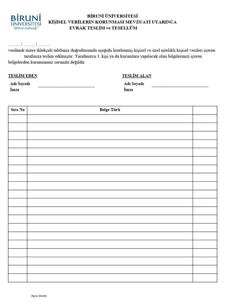 EVRAK TESLİM Ve TESELLÜM FORMU | PDF