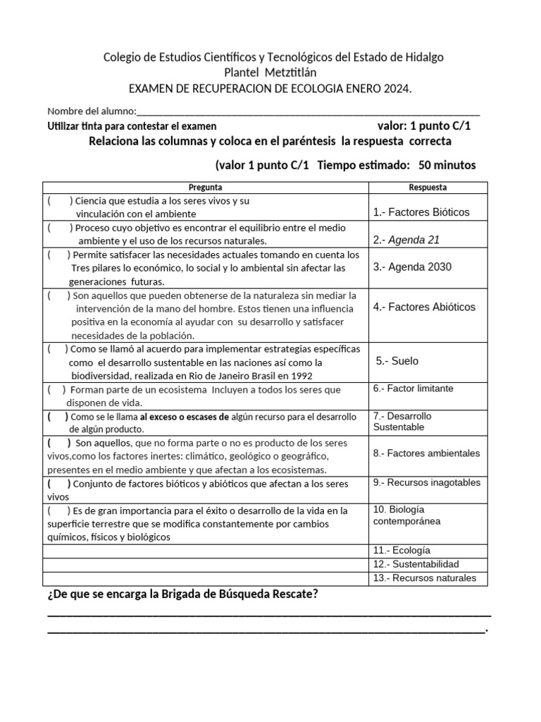 Examen de Ecología 2024 - Metztitlán | PDF | Sustentabilidad | Entorno ...