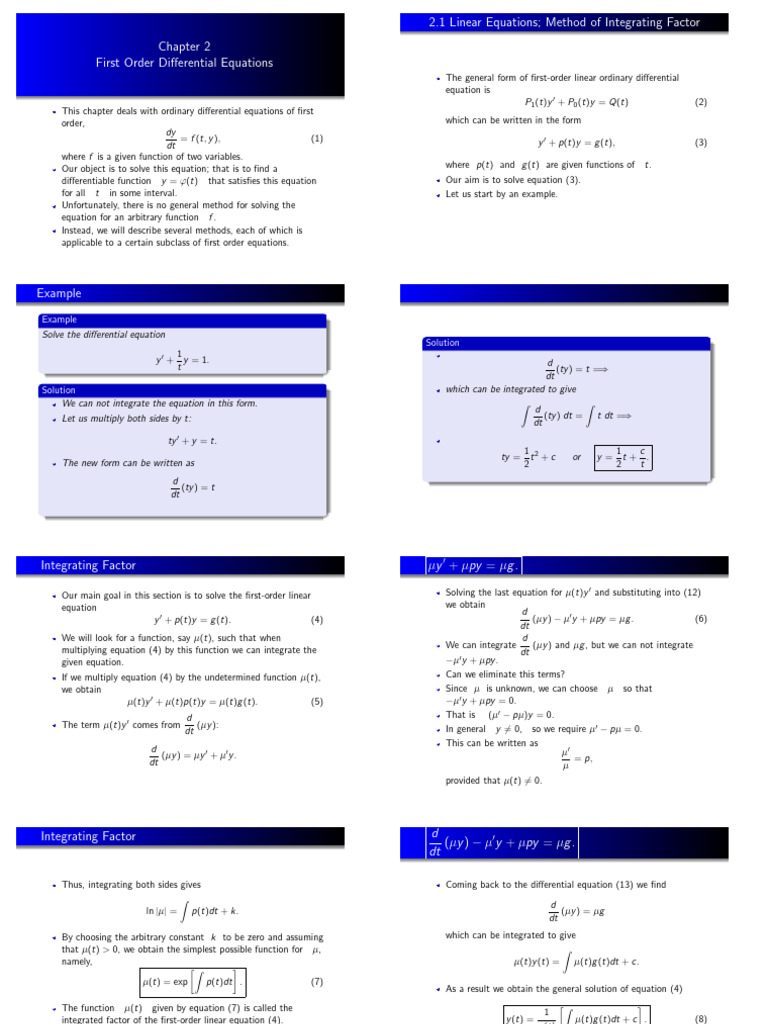 2.1 Linear Equations Method of Integrating Factor: Example Solution ...