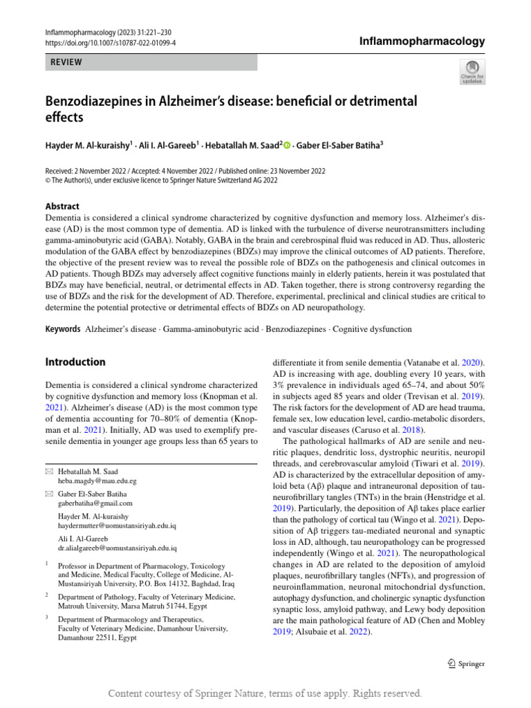 Benzodiazepines in Alzheimers Disease Beneficial | PDF | Benzodiazepine ...