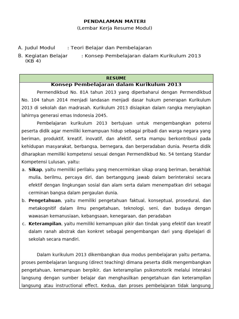 Resume Modul 8 KB 4 Konsep Pembelajaran Dalam Kurikulum 2013 | PDF ...