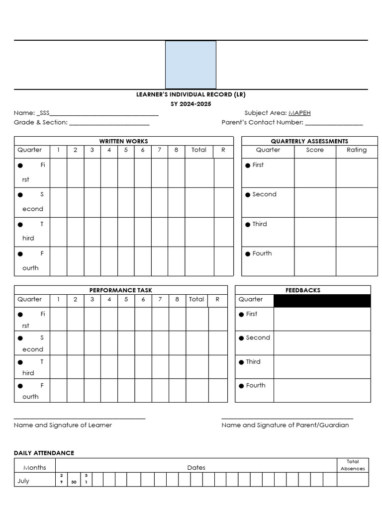 MAPEH Learner's Record SY 2024-2025 | PDF