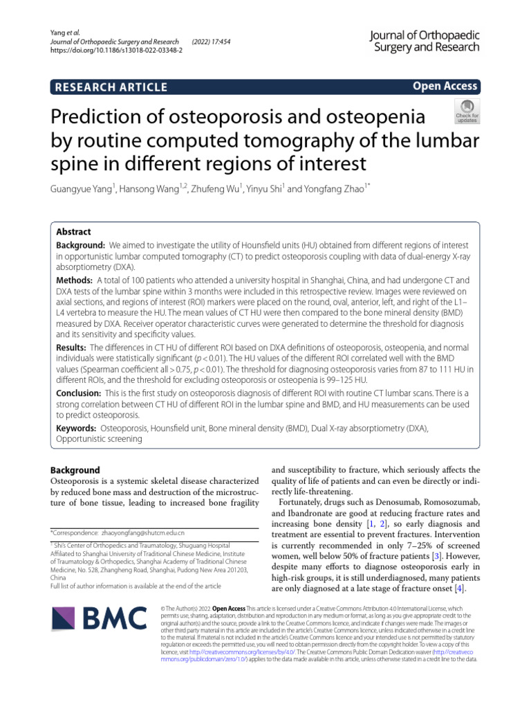 Prediction of Osteoporosis and Osteopenia by Routine Computed ...