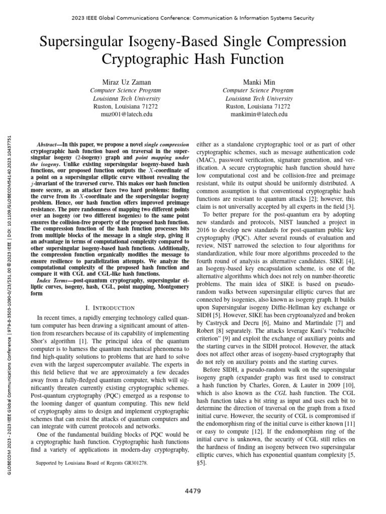 Supersingular Isogeny-Based Single Compression Cryptographic Hash ...