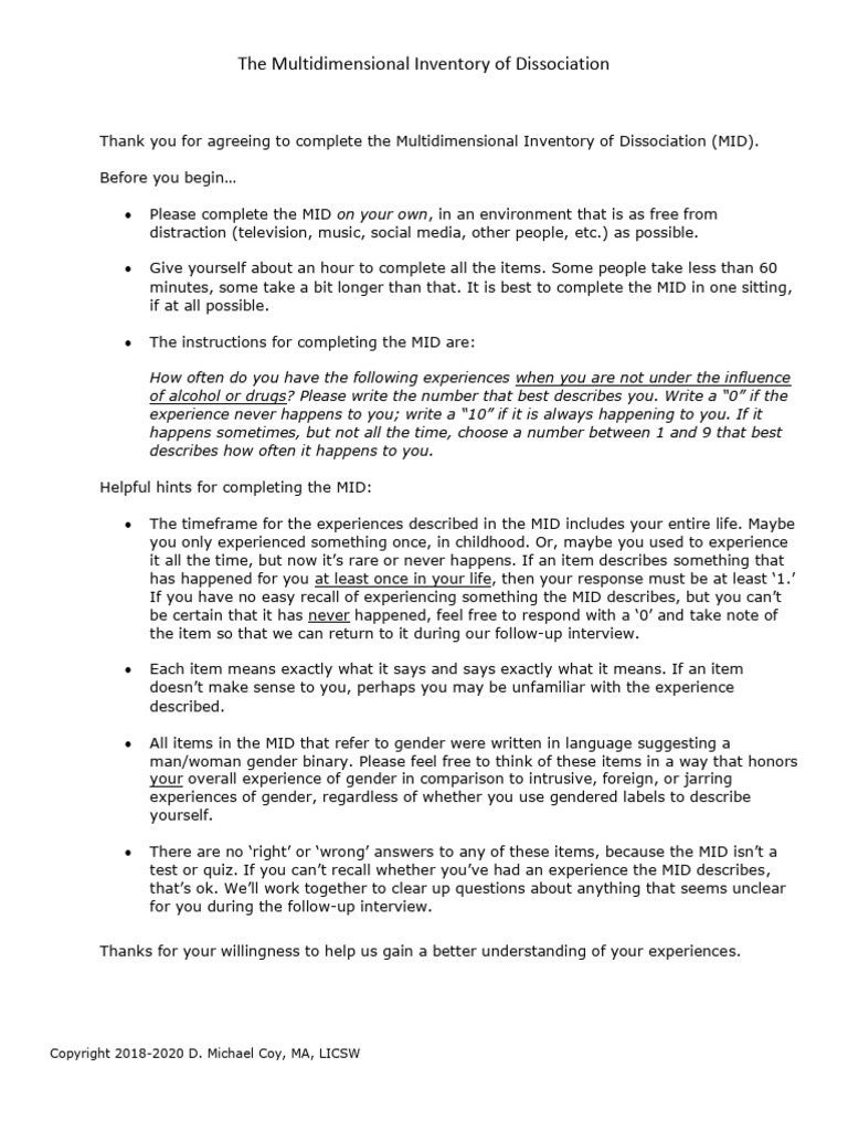 Multidimensional Inventory of Dissociation Guide | PDF | Gender ...