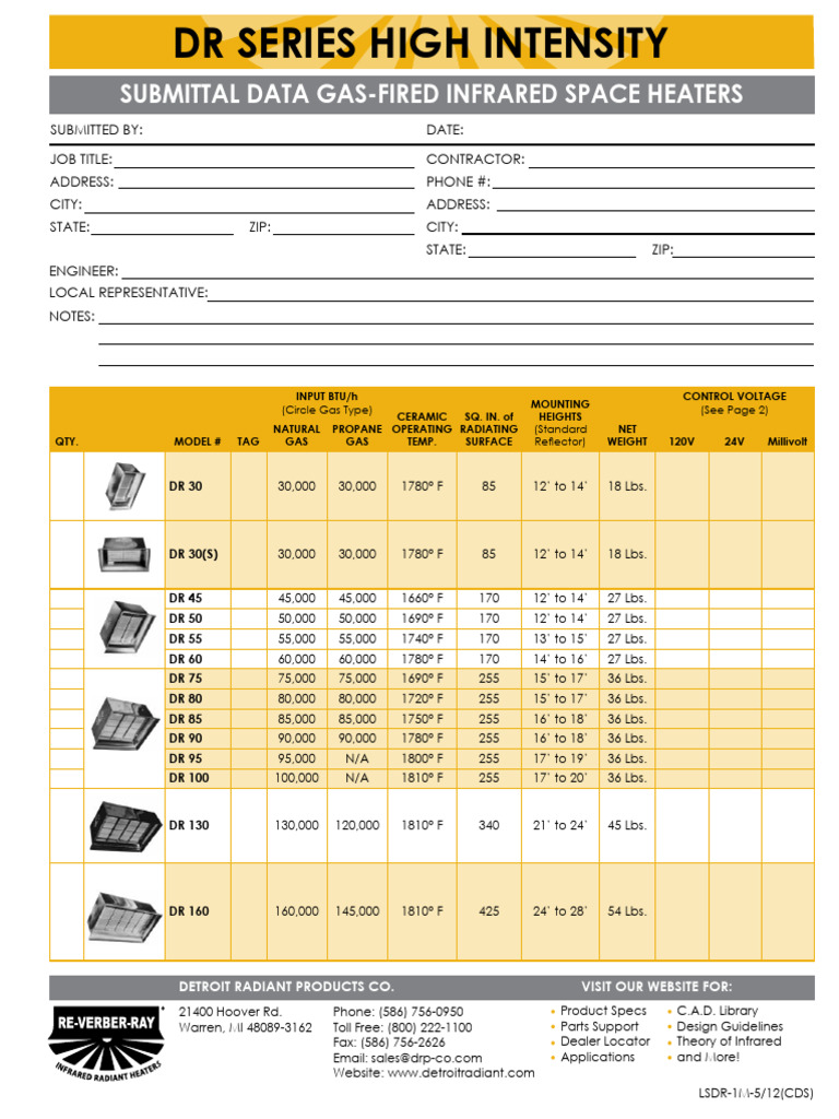 Detroit Radiant DR Series Heater Specs | PDF | Manufactured Goods