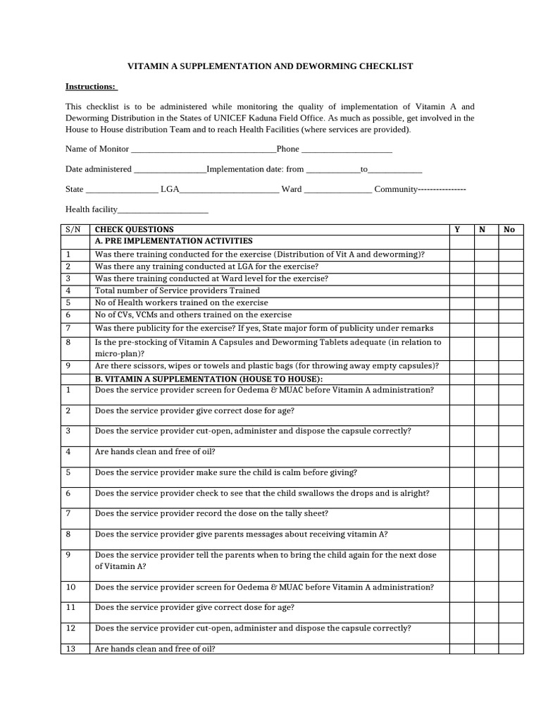 Vitamin A and Deworming Checklist | PDF | Dose (Biochemistry) | Chemistry
