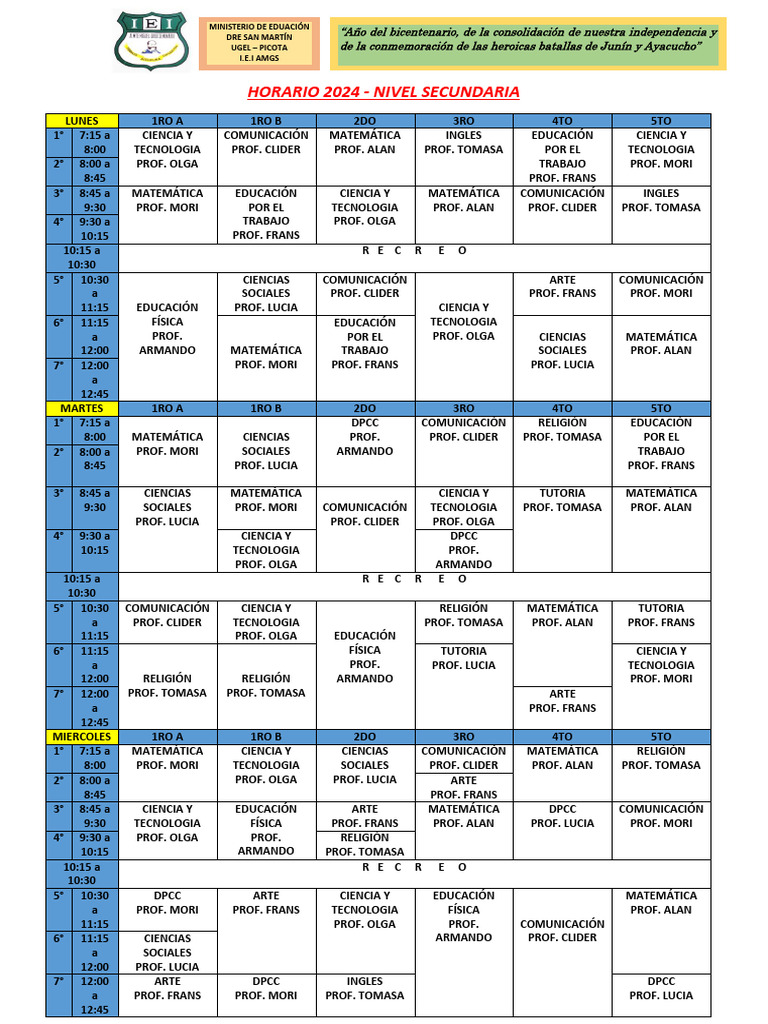 Horario Secundaria 2024 I.E.I AMGS | PDF | Estudios de idiomas extranjeros