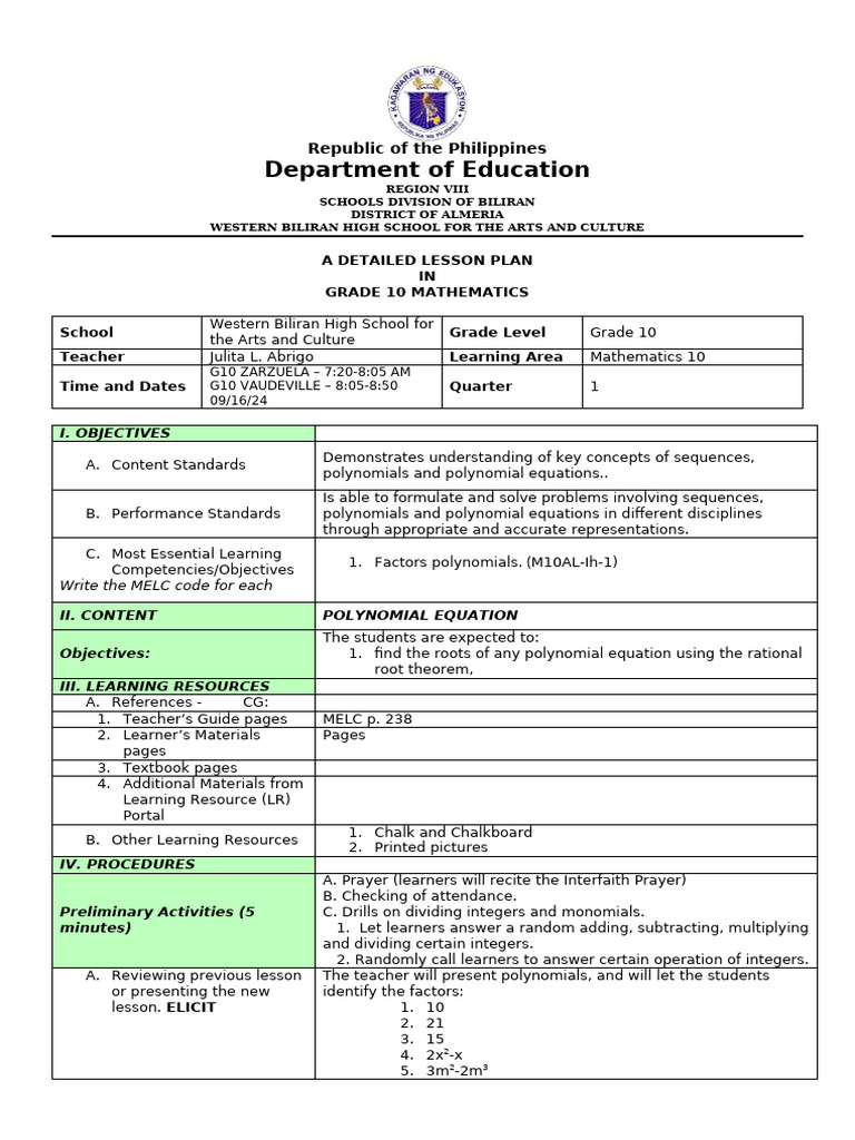 Grade 10 Math Lesson Plan: Polynomials | PDF | Factorization | Polynomial