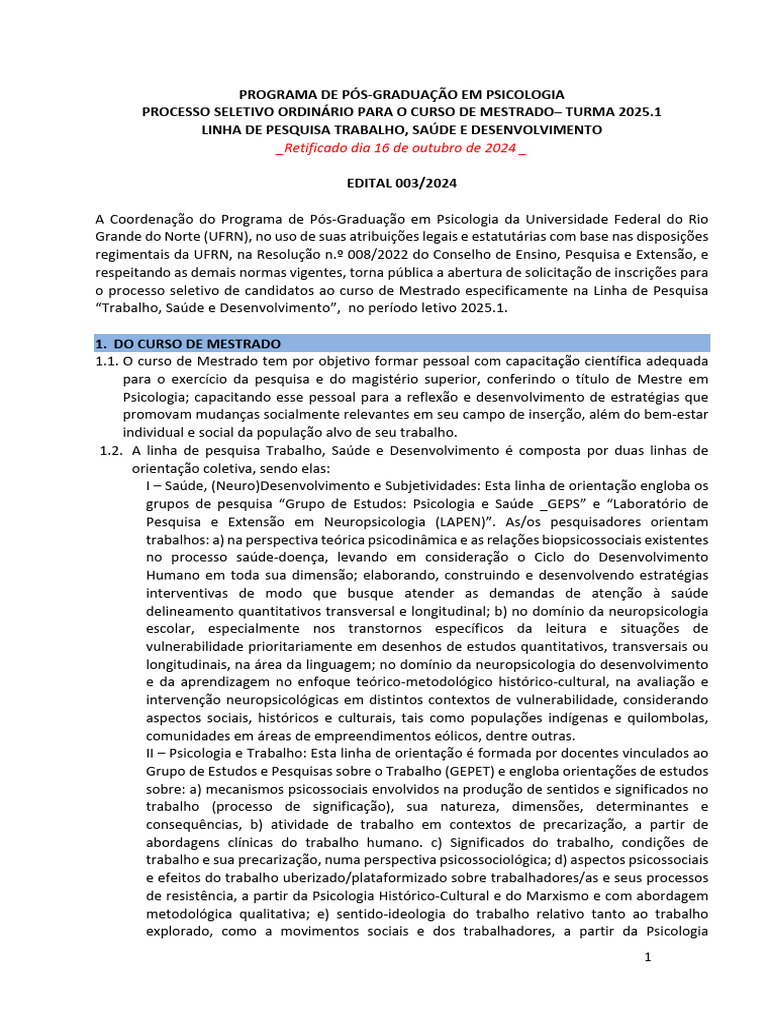 Mestrado em Psicologia: Processo Seletivo 2025.1 | PDF | Psicologia ...