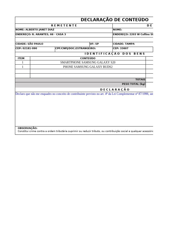 Formulario Declaracao de Conteudo A5 | PDF