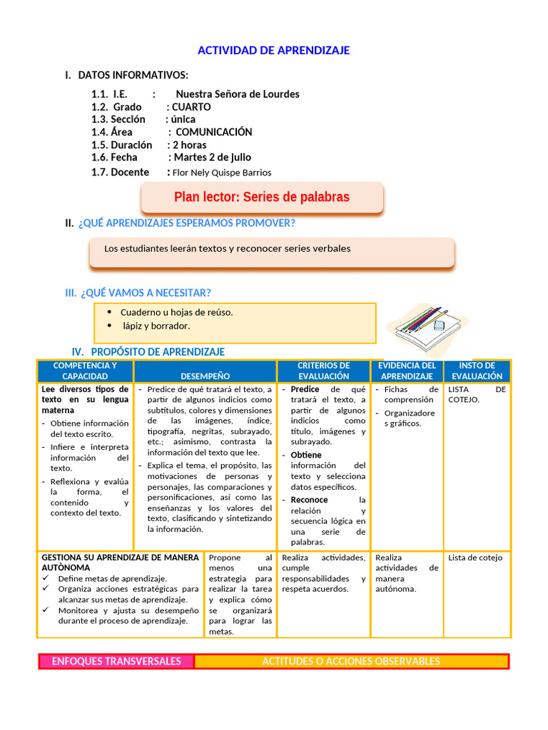 D1 A1 SESION COM. Plan Lector Series de Palabras | PDF | Aprendizaje ...