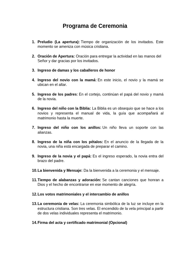 Programa de Ceremonia de Matrimonio Cristiano | PDF | Oración