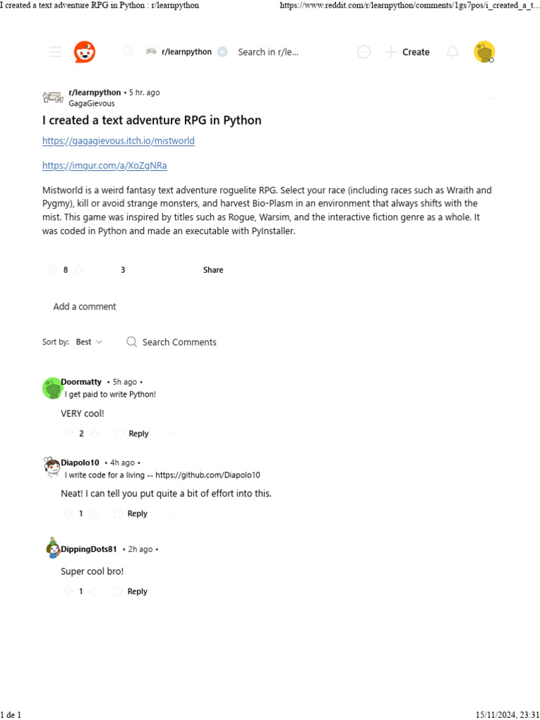 I Created A Text Adventure RPG in Python - R - Learnpython | PDF