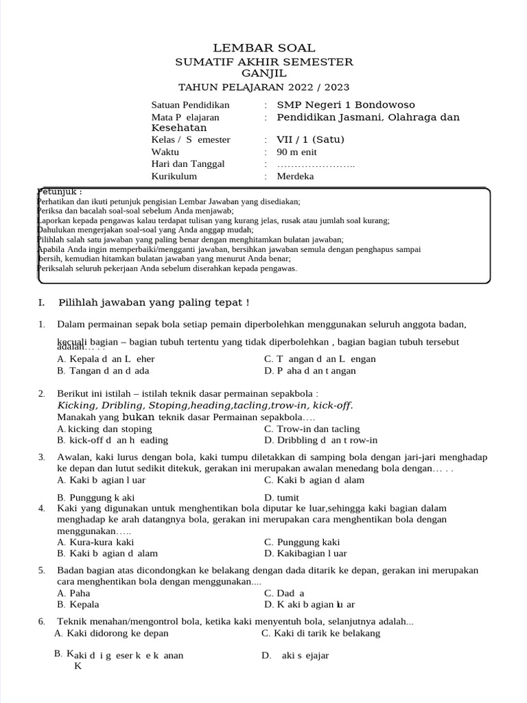 PDF Soal Sas Pjok Kelas 7 Kumer Compress | PDF