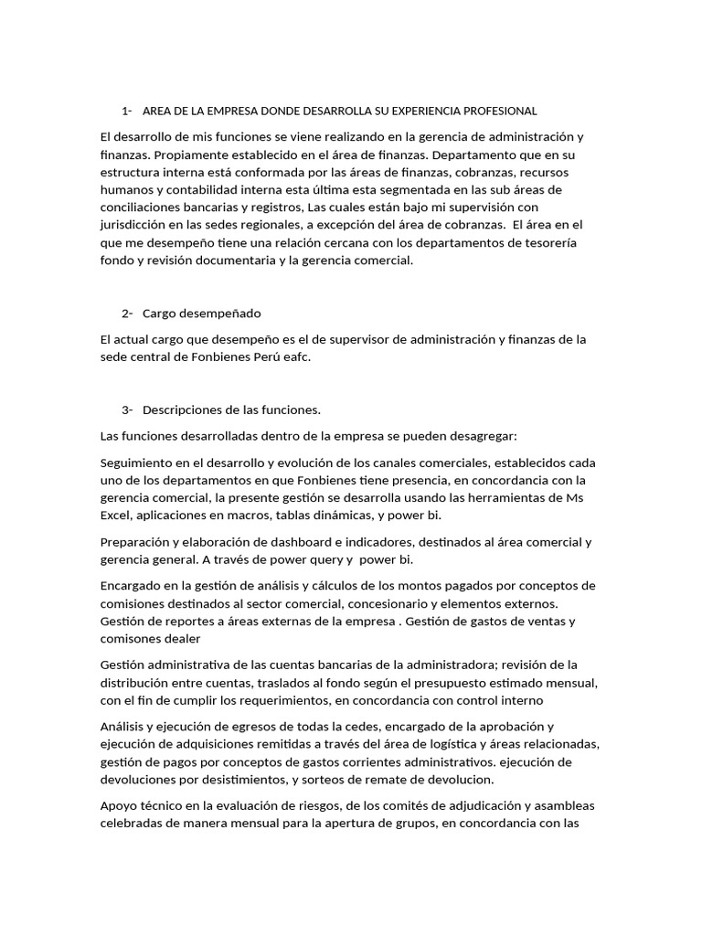 AREA DE LA EMPRESA DONDE DESARROLLA SU EXPERIENCIA PROFESIONAL PDF