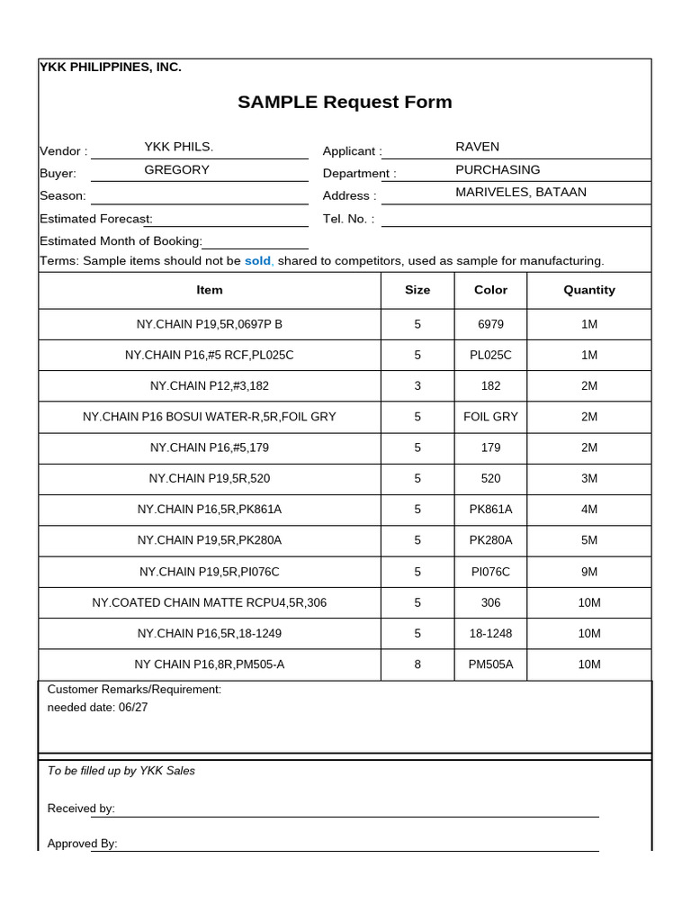 YKK Philippines Sample Request Form | PDF