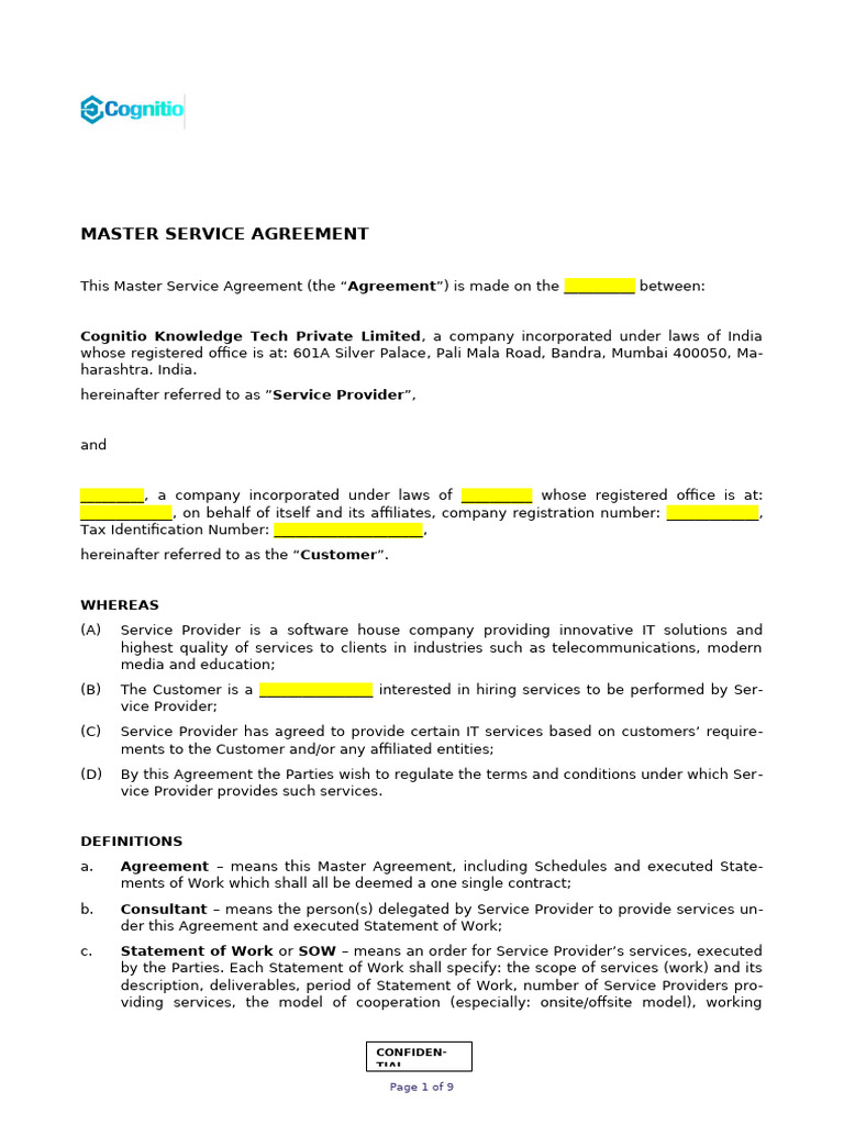 Master Service Agreement Template | PDF | Indemnity | Intellectual Property