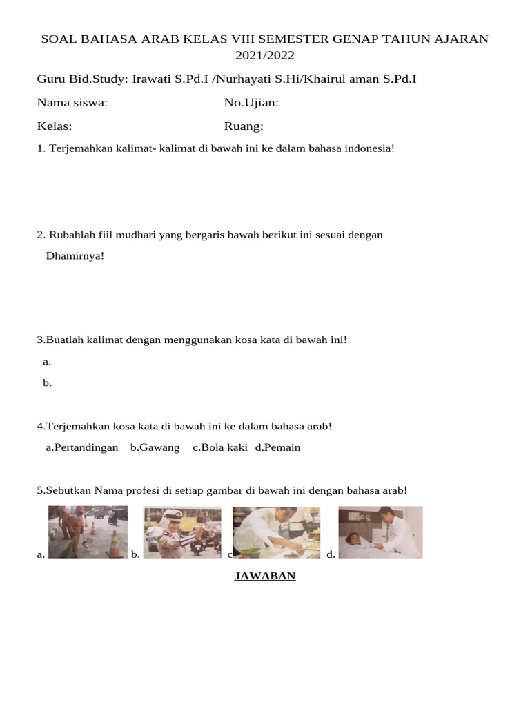 Soal Bahasa Arab Kelas VIII Genap 2021/2022 | PDF