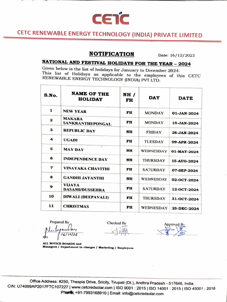 CETC 2024 Holiday Schedule | PDF | Observances | Religious Festivals