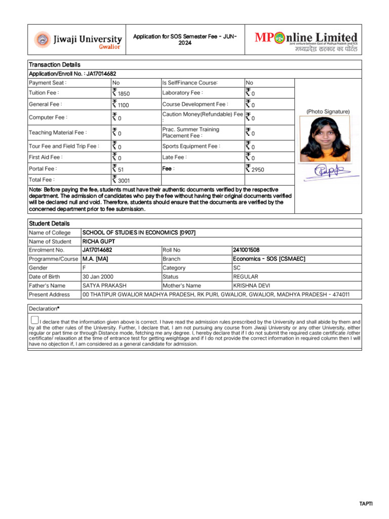 Pay Unpaid - View Receipt - SOS Admission 2021 - 22 | PDF