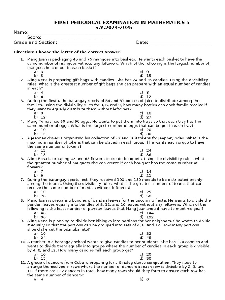 Periodical Test in MAth 5 Q1 | PDF | Multiplication | Cuisine