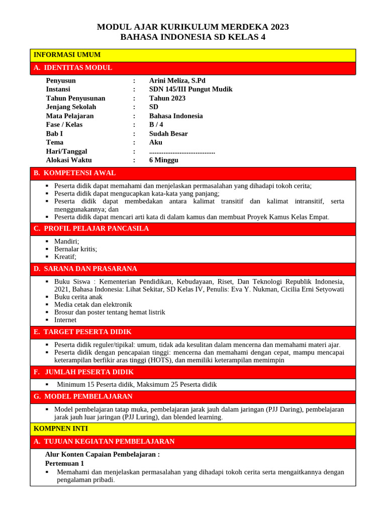 Modul Ajar Bahasa Indonesia SD Kelas 4 | PDF | Seni & Disiplin Bahasa
