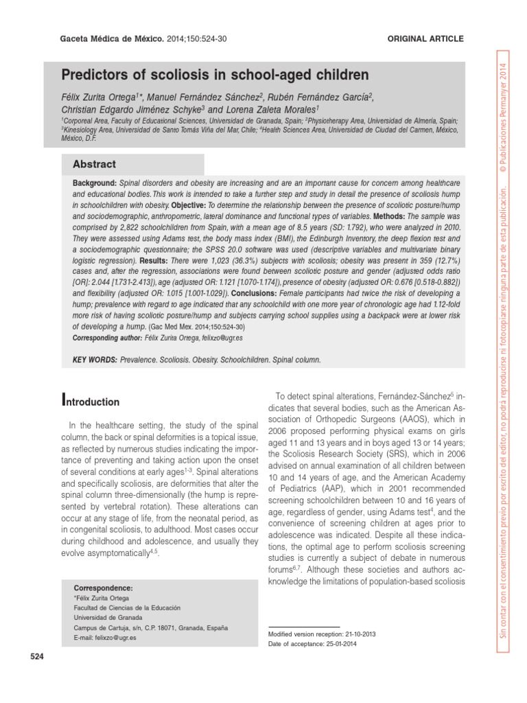 Predictors of Scoliosis in School-Aged Children | PDF | Scoliosis ...