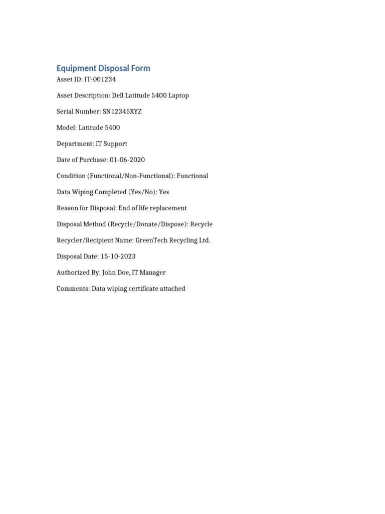 Dell Laptop Equipment Disposal Form | PDF