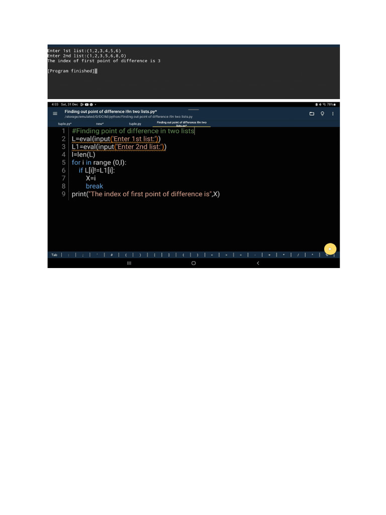 Program To Find The Point of Difference Between Two Lists (Python) . | PDF