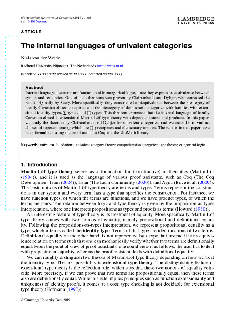 The Internal Languages of Univalent Categories: Niels Van Der Weide ...
