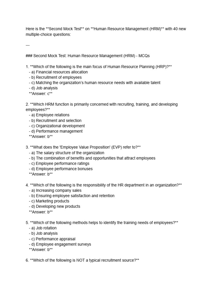 HRM Mock Test: 40 MCQs for BBA Students | PDF | Employment | Human ...
