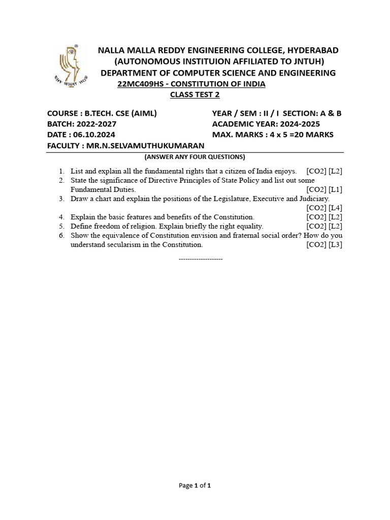 Constitution of India Class Test 2 Guide | PDF | Art | Computers