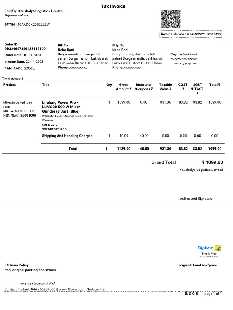 Invoice for Mixer in Bihar | PDF | Taxation | Payments