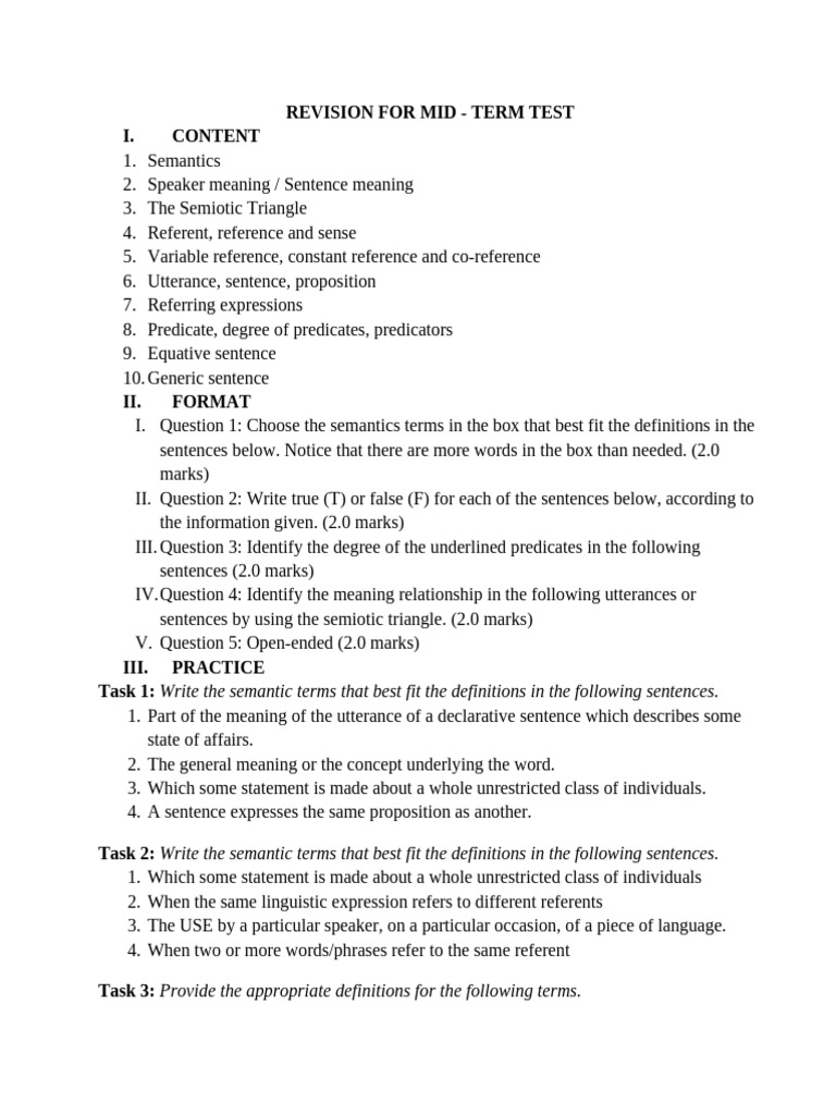 Mid-Term Test Revision: Semantics Guide | PDF | Semantics | Proposition