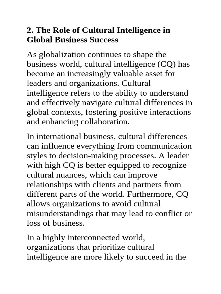 The Role of Cultural Intelligence in Global Business Success | PDF