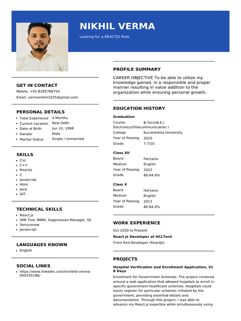 Nikhil Verma: ReactJS Developer Resume | PDF | Java Script | Computing