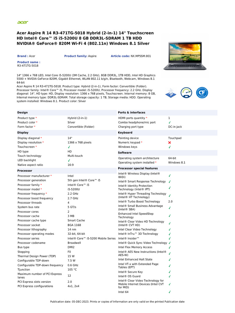 Acer Aspire R14 R3-471TG-5018 | PDF | Intel | Ieee 802.11