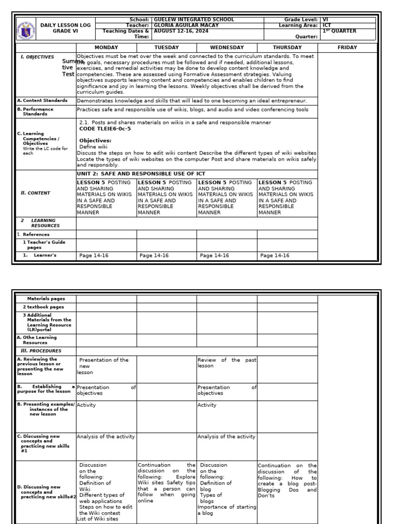 DLL TLE 6 ICT Aug 12-16, 2024 | PDF | Educational Technology | Wiki