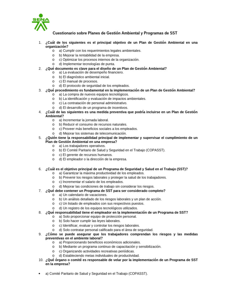 Cuestionario sobre Gestión Ambiental y SST | PDF | Derecho laboral ...