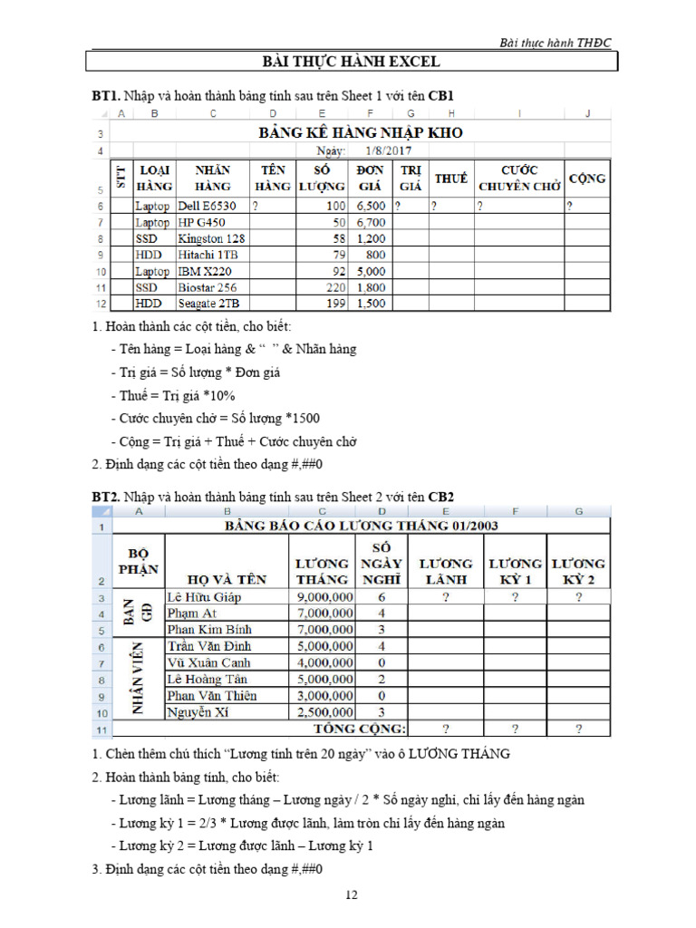 Bai tap excel 1 pdf
