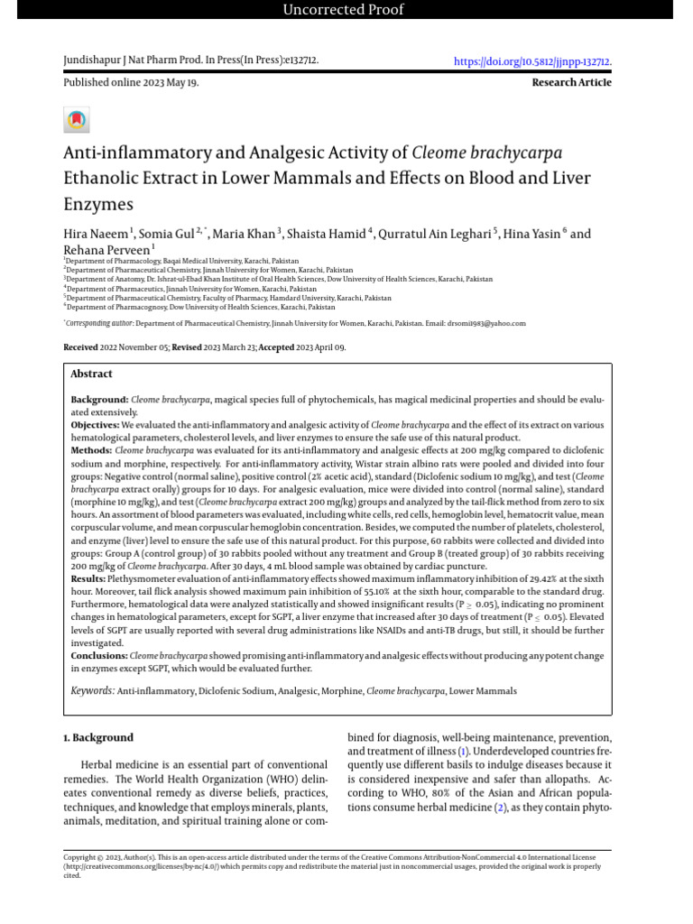 Anti-Inflammatory and Analgesic Activity of Ethanolic Extract in Lower ...