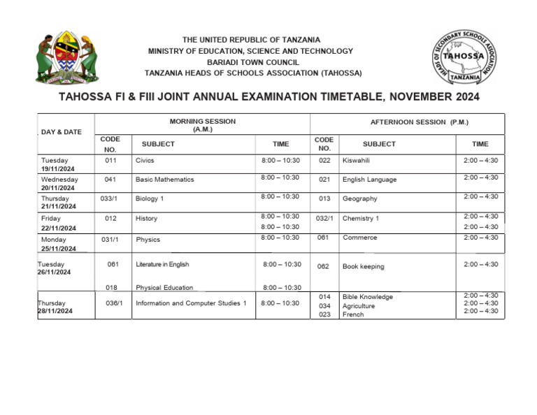 TAHOSSA Form Three Exam Timetable 2024 | PDF