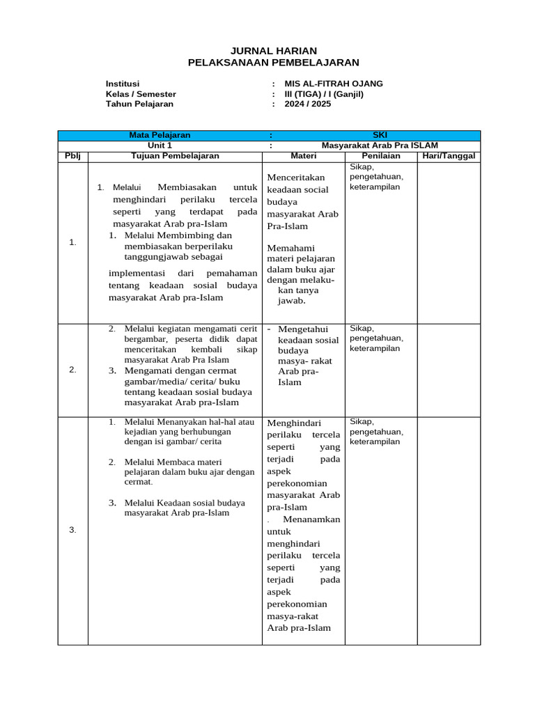 Jurnal Harian Kelas 1 Semester 1 Kurmer | PDF