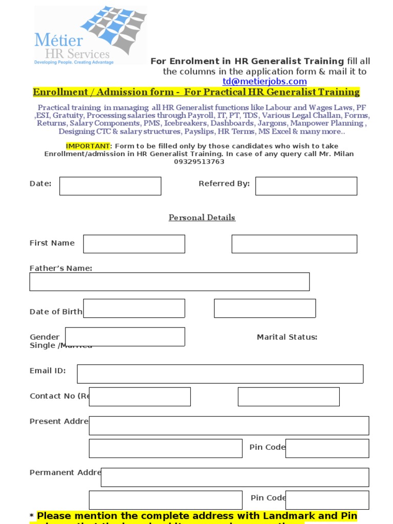 HR Generalist Training Enrollment Form | PDF