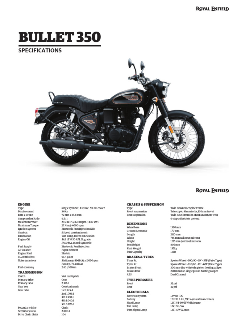 Bullet 350 Specifications Overview | PDF | Manual Transmission | Horsepower